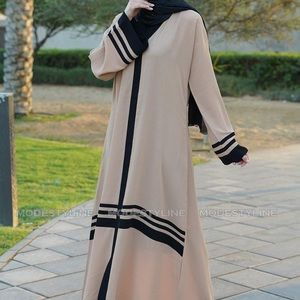 2pc abaya set Beige striped modern abaya with hijab Jilbab Islamic modest dress